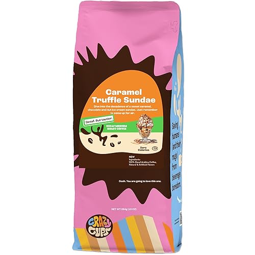 Crazy Cups Decaf Flavored Ground Coffee, Decaffeinated Caramel Truffle Sundae Coffee, For Brewing Flavored Hot or Iced Decaf Caramel Coffee, 10oz