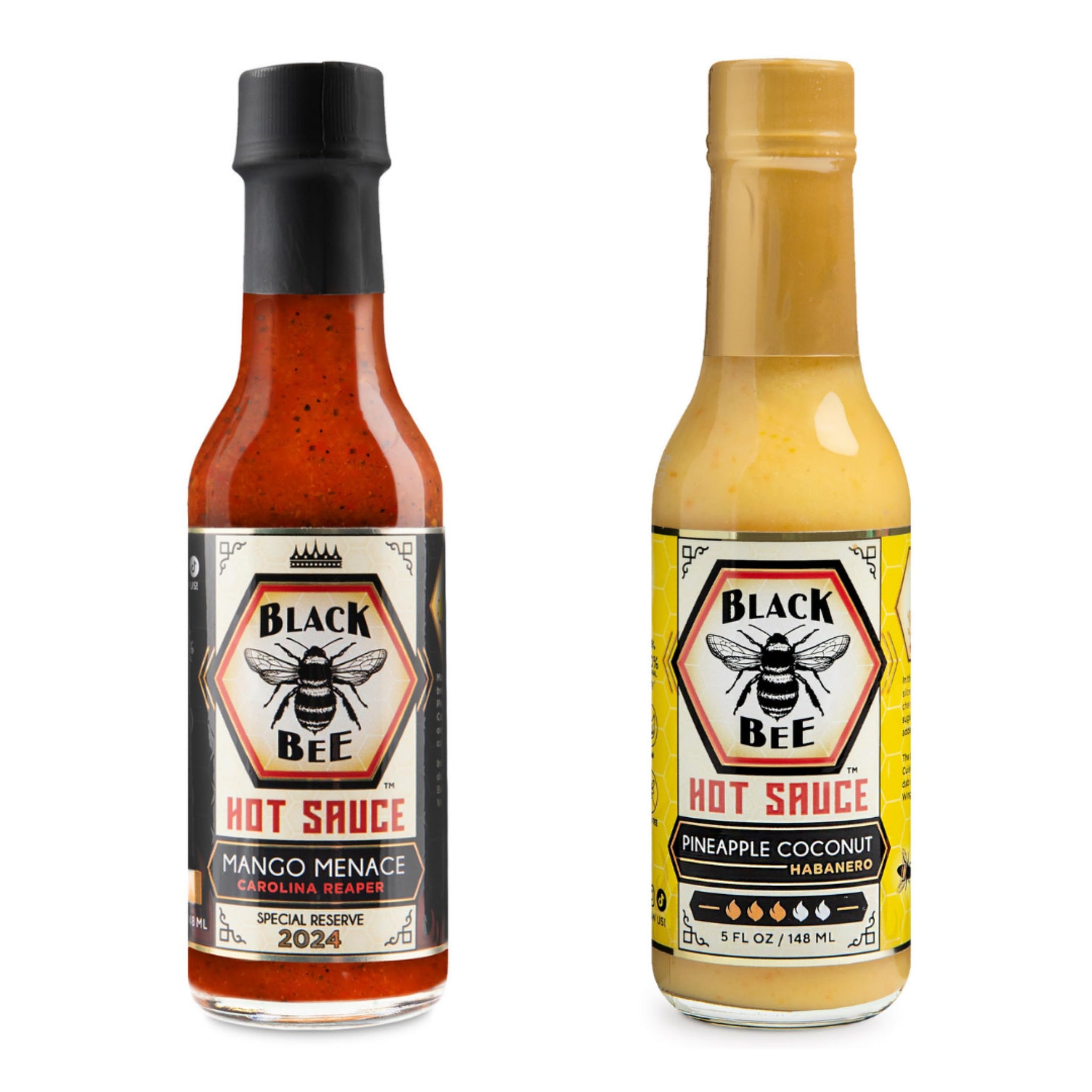 Black Bee Tropic Heat Hot Sauce Gift Set (2 Pack) - Mango Menace Carolina Reaper & Pineapple Coconut Habanero - Tropical Fruit Hot Sauce Duo, Small