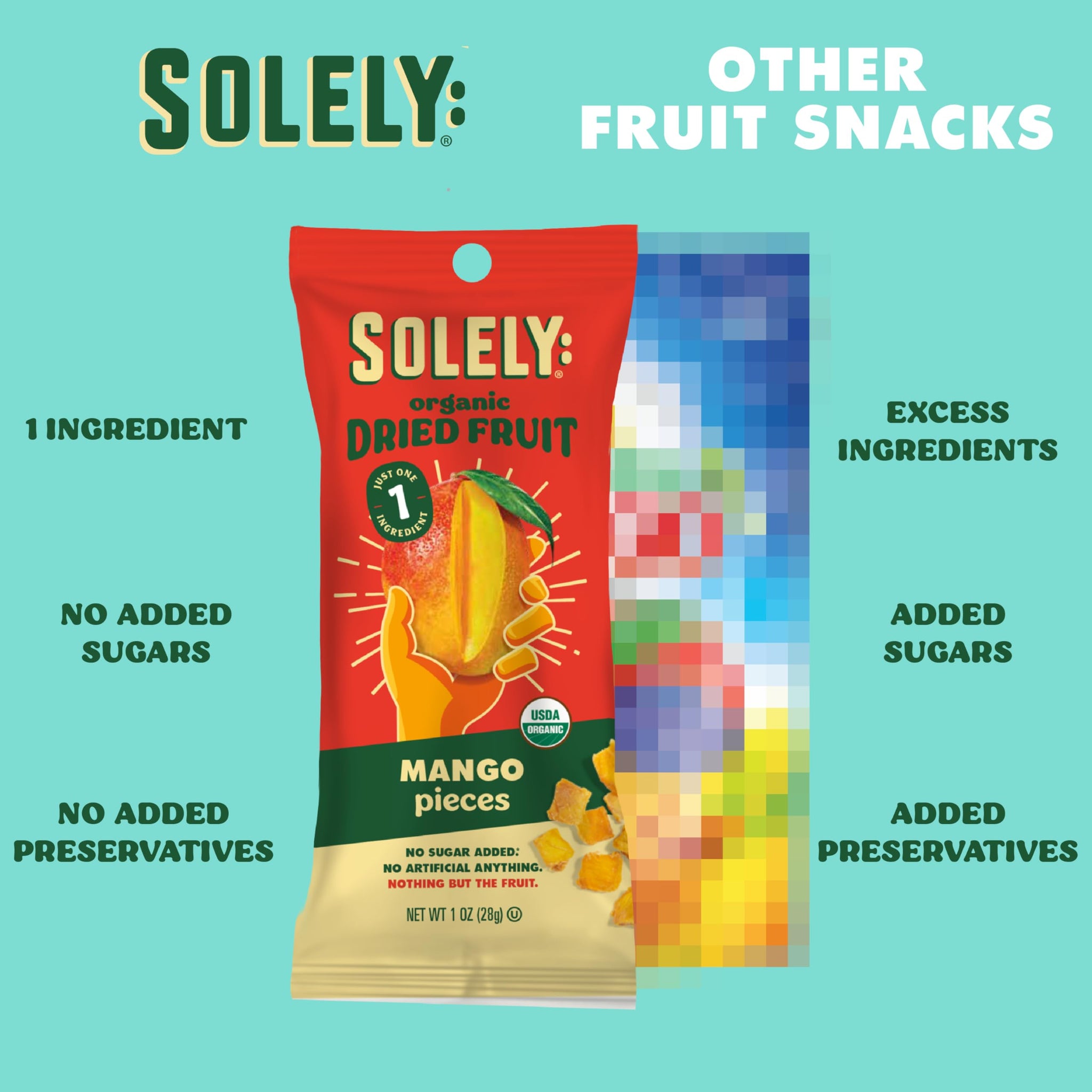 SOLELY - Organic Dried Fruit Mango Pieces (1 Box, 12 Single Serving Bags per Box) - Real Fresh Fruit - Healthy Snacks for Adults & Kids - Non GMO