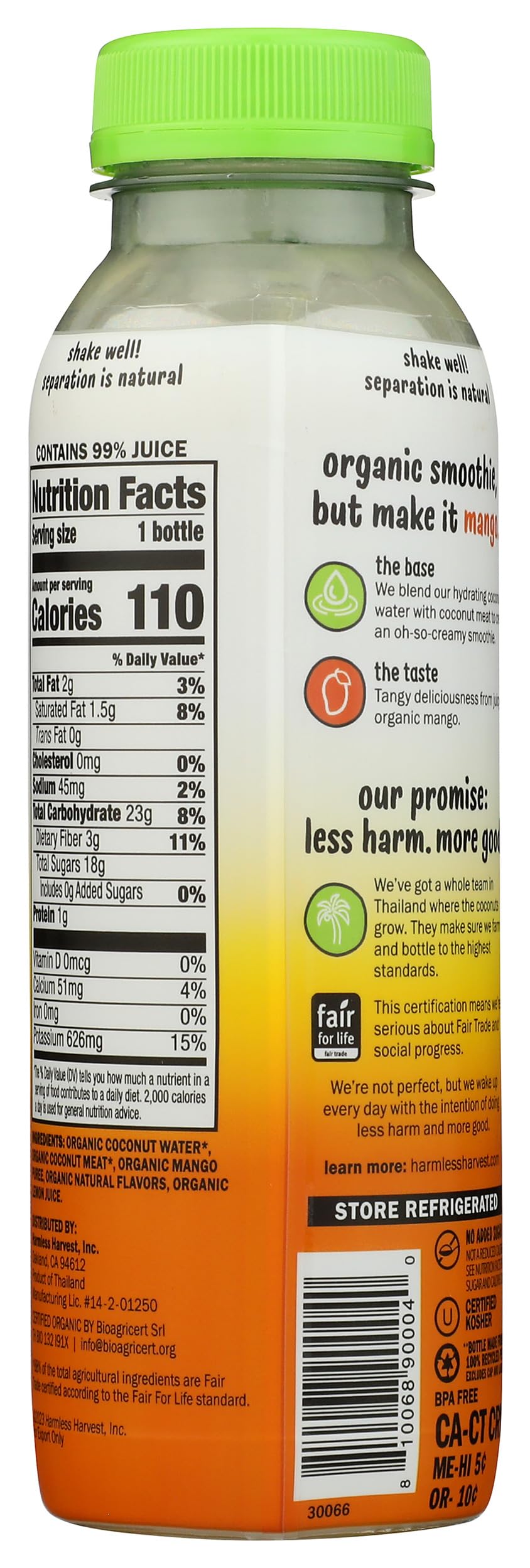 Harmless Harvest, Organic Mango Coconut Smoothie, 10 Fl Oz Bottle