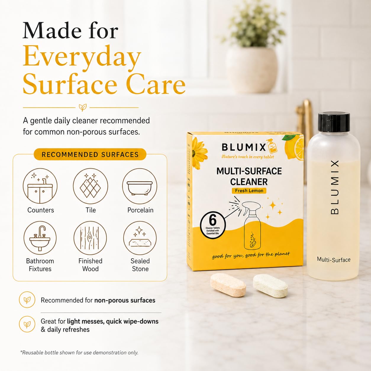 Blumix Multi-Surface Cleaner Refill Tablets - 6 Count | Fresh Lemon Scent | Eco-Friendly, Biodegradable, Plastic-Free Cleaning Refills for Spray