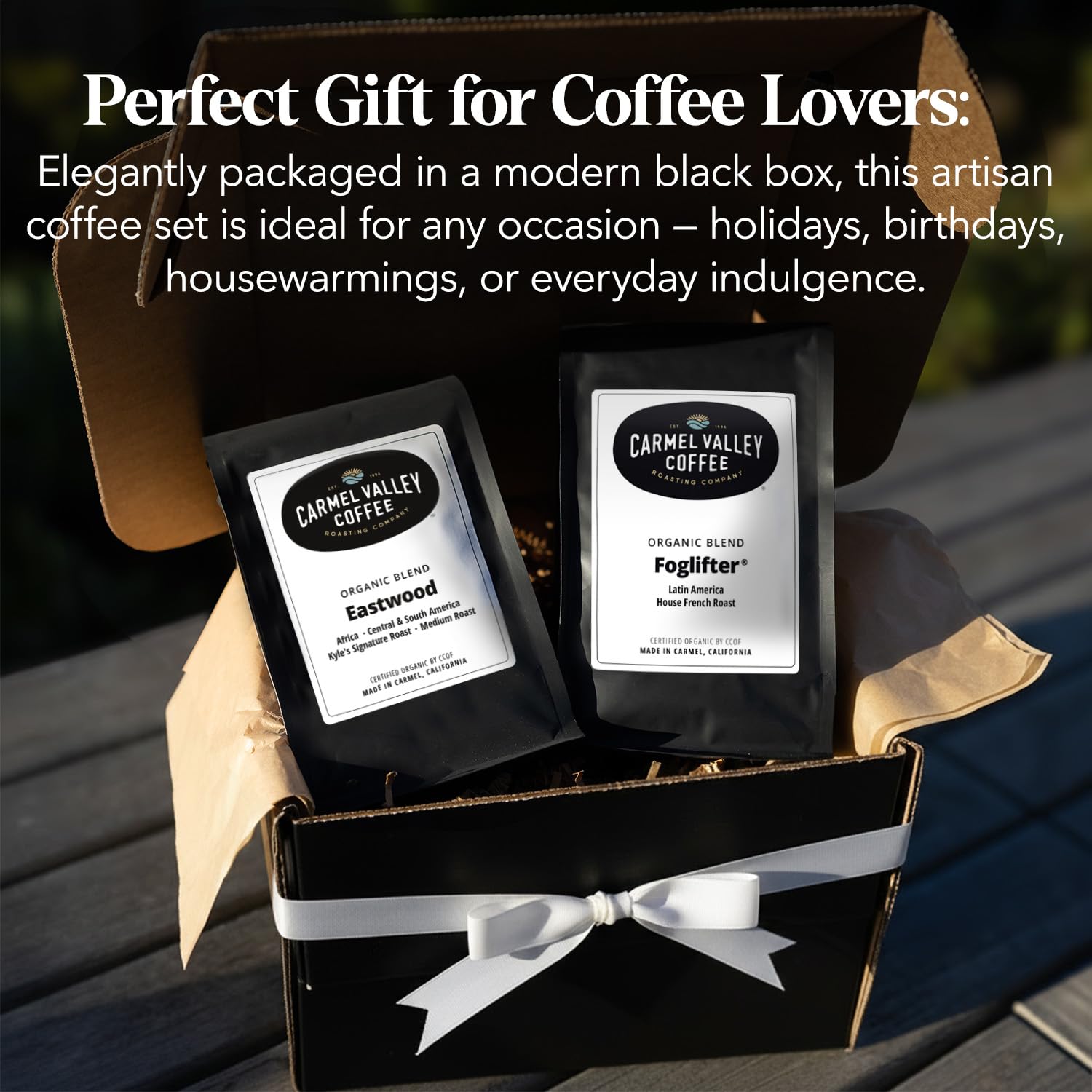 Carmel Valley Coffee Roasting Signature Icons Gift Box, Organic Whole Bean Coffee Gift Set Featuring Foglifter® French Dark Roast & Eastwood Medium