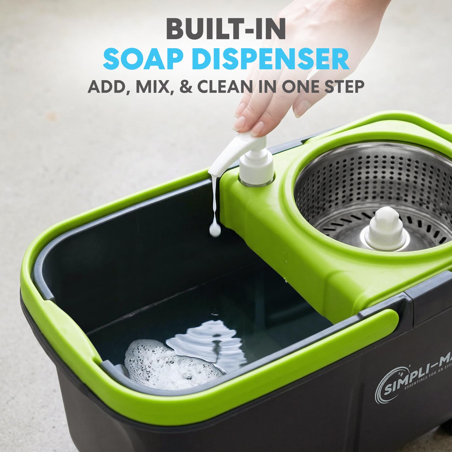 Simpli-Magic 360° Spin Mop and Bucket with Wringer - 3 High-Absorbent Microfiber Washable Heads, Soap Dispenser - Spinning Mop and Bucket Set for All