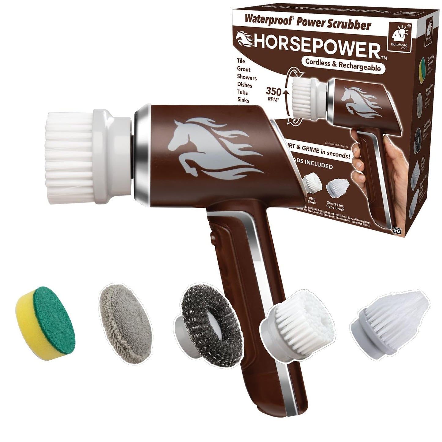 Horsepower Scrubber, Waterproof, Electric Power, Spins 350 RPM, 5 Brush Heads, AS SEEN ON TV, Cleans Dirt & Grime, Tile, Grout, Bathrooms, Kitchen