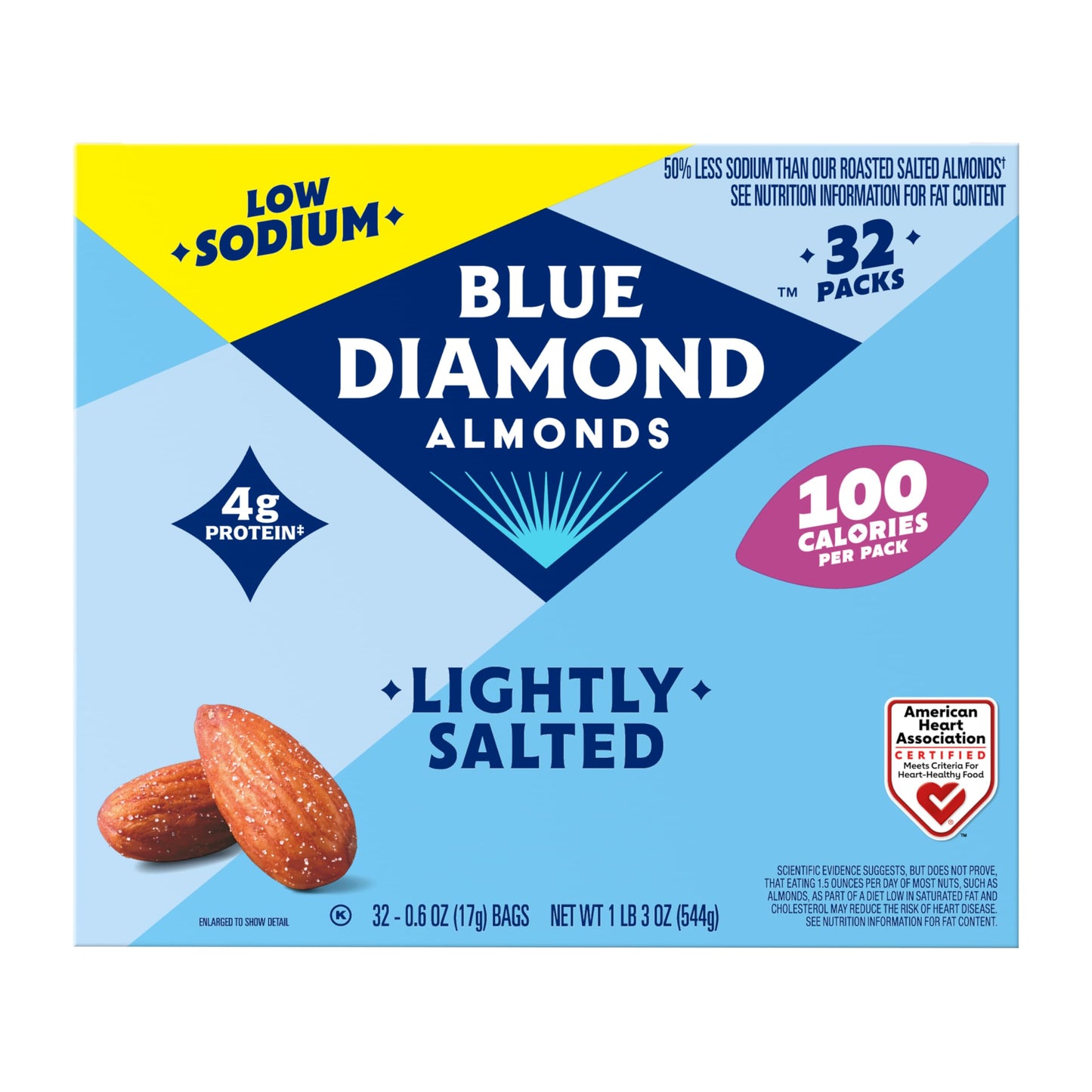 Blue Diamond Almonds Low Sodium Lightly Salted Snack Nuts, 100 Calorie Packs, 0.6 Ounce (Pack of 32)