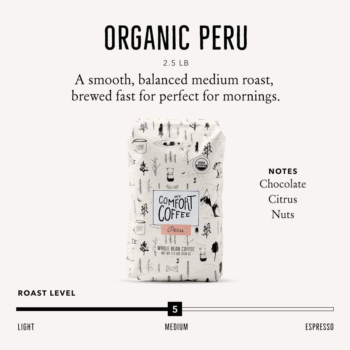 Mt. Comfort Coffee Organic Peru Medium Roast, 2.5 Pounds - Flavor Notes of Nutty, Chocolate, & Citrus - Sourced From Small, Peruvian Coffee Farms