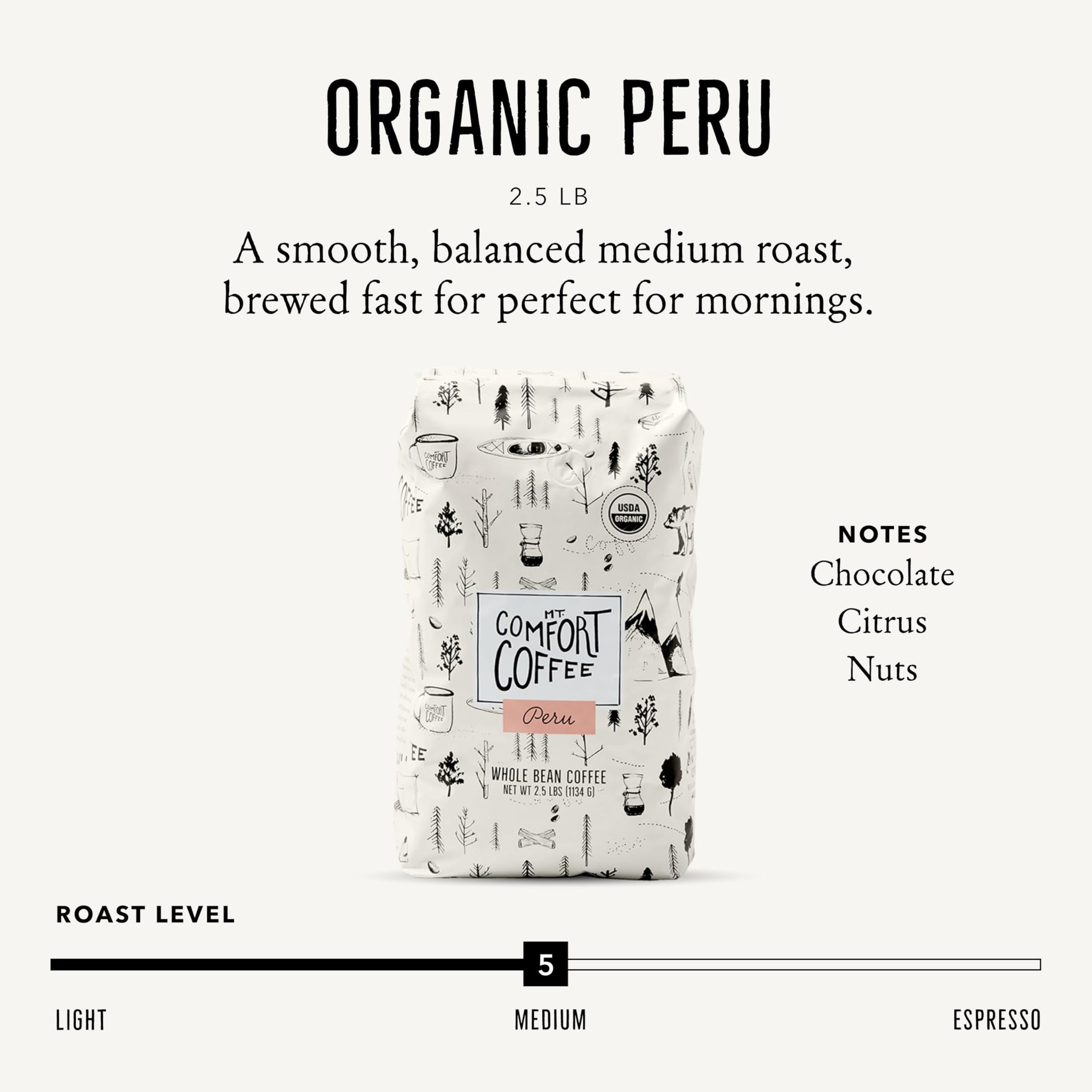 Mt. Comfort Coffee Organic Peru Medium Roast, 2.5 Pounds - Flavor Notes of Nutty, Chocolate, & Citrus - Sourced From Small, Peruvian Coffee Farms