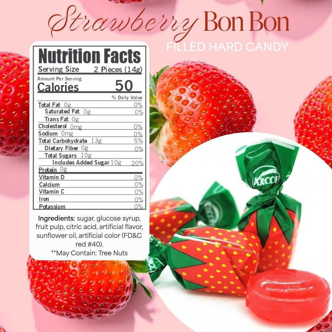 SweetGourmet Arcor Strawberry Bon Bons Hard Candy Wrapped, Fruit-Filled Premium Candies, 3 Pound Bag