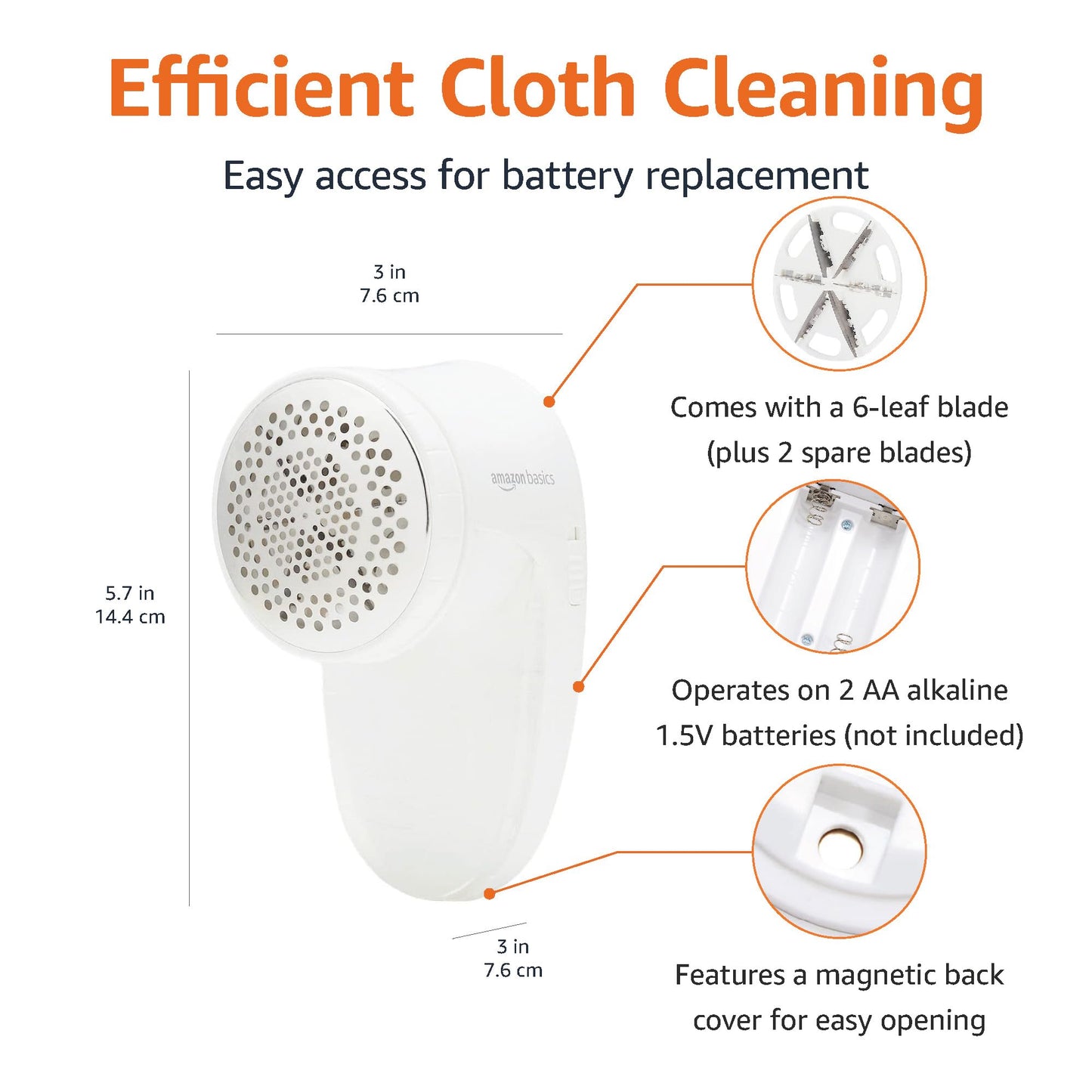 Amazon Basics Battery Operated Fabric Shaver for Clothes, Remove Pilling, Lint and Fuzz Removal, 6-Leaf Blades with Safety Lock, Portable, Includes 2