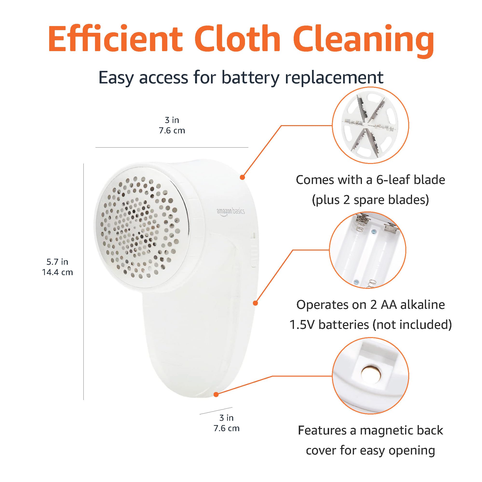Amazon Basics Battery Operated Fabric Shaver for Clothes, Remove Pilling, Lint and Fuzz Removal, 6-Leaf Blades with Safety Lock, Portable, Includes 2