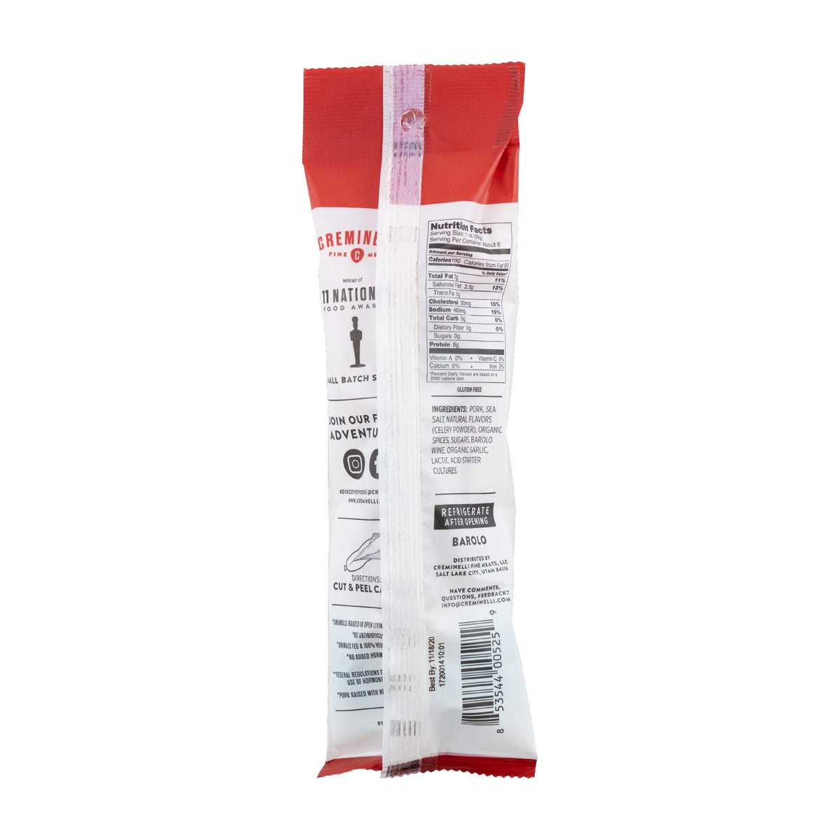 Creminelli Barolo Salami, (3 count, 5.5oz), Humanely Raised Pork*, No Added Nitrates or Nitrites, No Artificial Ingredients, Gluten Free, Keto & Paleo