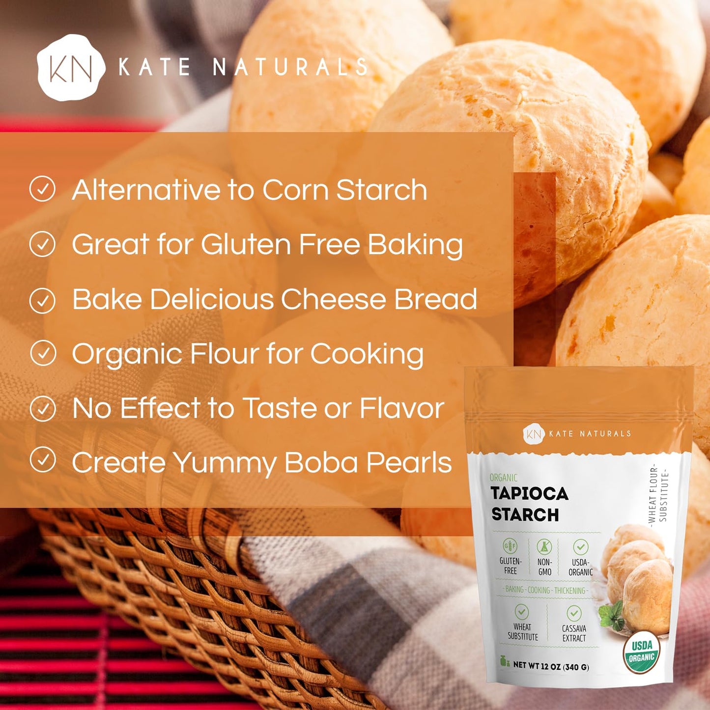 Kate Naturals Tapioca Starch Flour for Baking, Cooking & Boba Pearls (12oz, Organic, Non-GMO, Gluten Free)