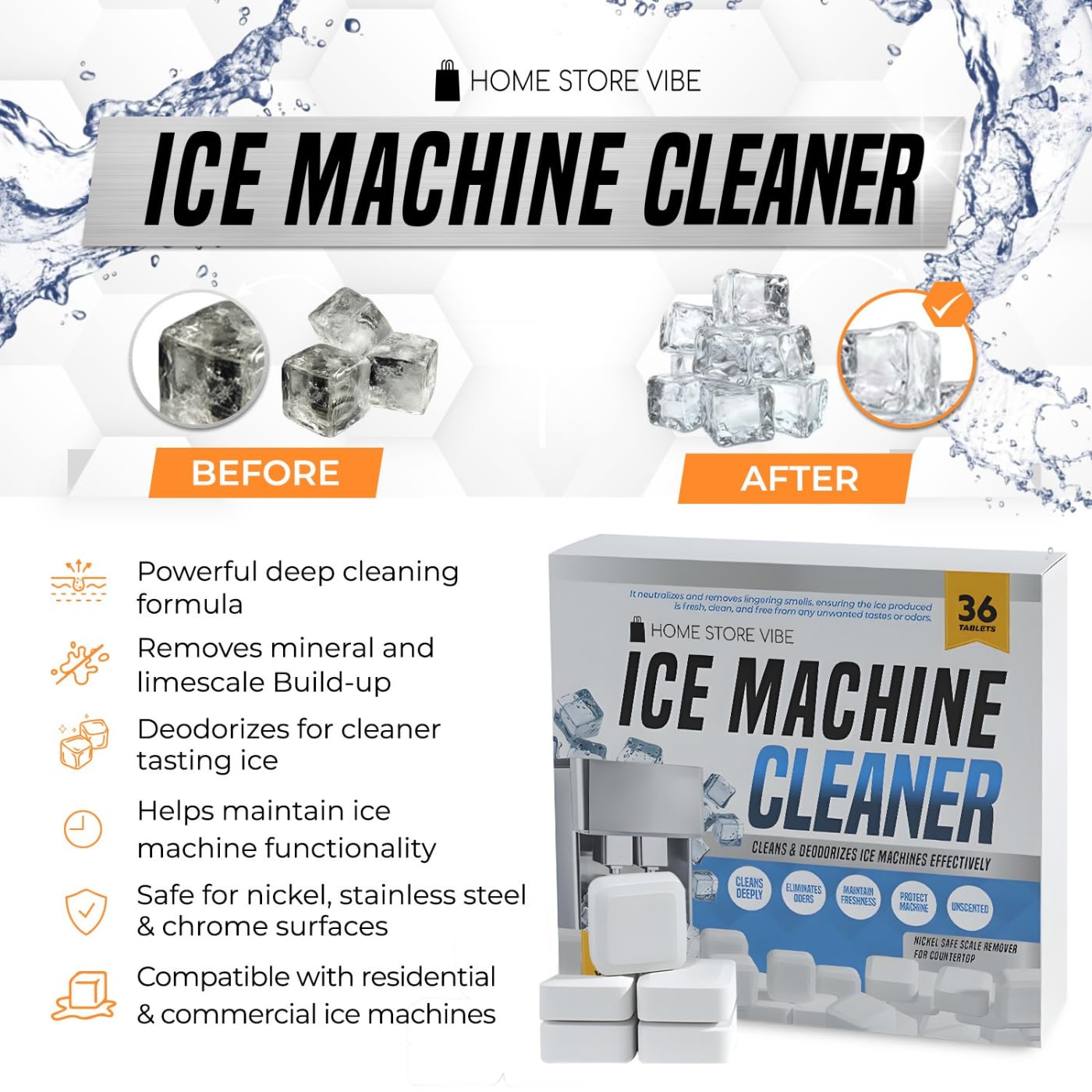 Home Store Vibe 36 Pcs Ice Maker Cleaner Tablets - Descaler & Cleaning Solution for Ice Machines - Removes Odors & Build-up - Compatible