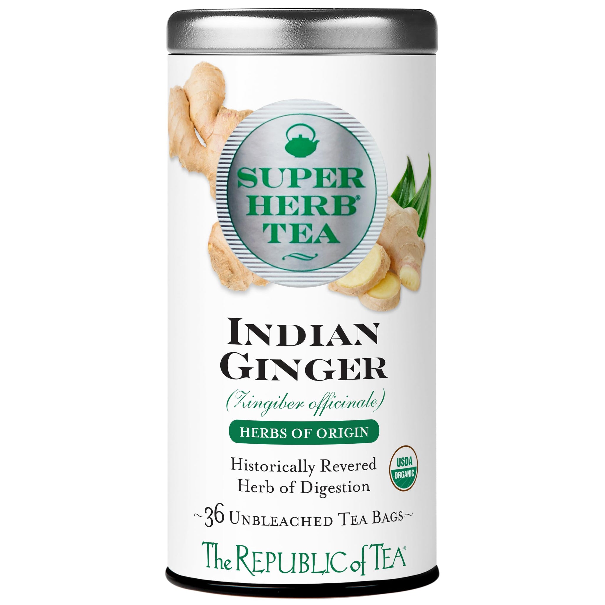 The Republic of Tea - Organic Indian Ginger SuperHerb Tea Tin, 36 Herbal Tea Bags, Naturally Caffeine-Free Herbs of Origin