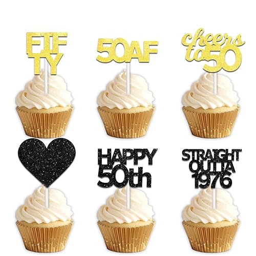 18pcs Black Gold Glitter Dessert Cupcake Pick for Straight Outta 1976 Cheer to 50 Years Old Theme Decor Supplies Happy 50th Birthday Party Decoration