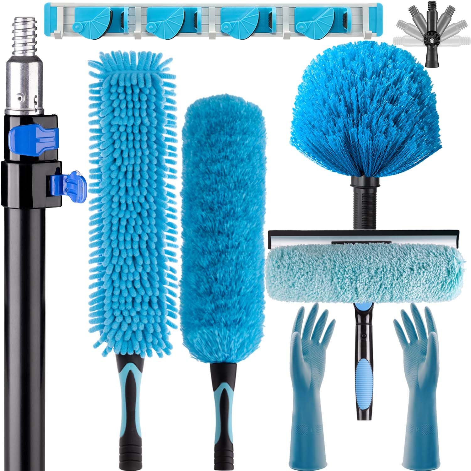 APMOLAR 20 Foot High Reach Ceiling Fan Duster with 5-12ft Heavy Duty Extension Pole, Microfiber Feather, Cobweb Duster, Window Squeegee Kit, Cleaning