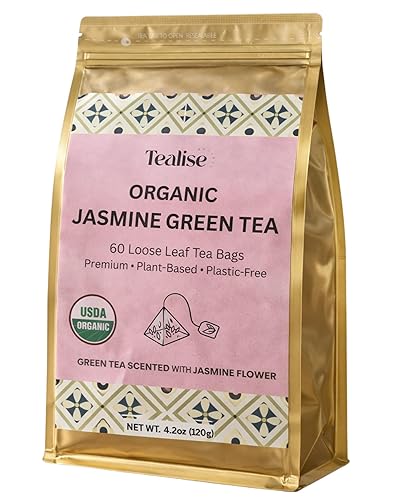 Organic Jasmine Green whole Leaf Pyramid Tea Bags - USDA Organic, Plant-Based & Plastic-Free Tea Bags, Smooth Floral Green Tea, 60 Count by Tealise