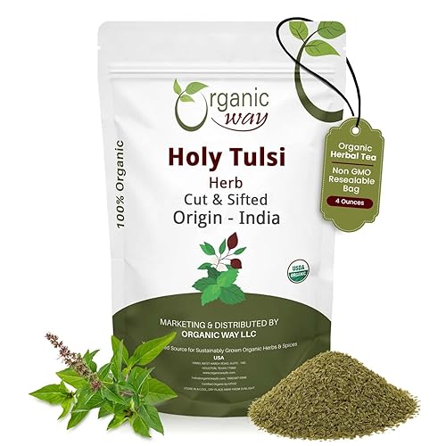 Organic Way Holy Tulsi/Holy Basil Herb Cut & Sifted (Ocimum Tenuiflorum) - Organic & Kosher Certified | Raw, Vegan, Non GMO & Gluten Free | USDA