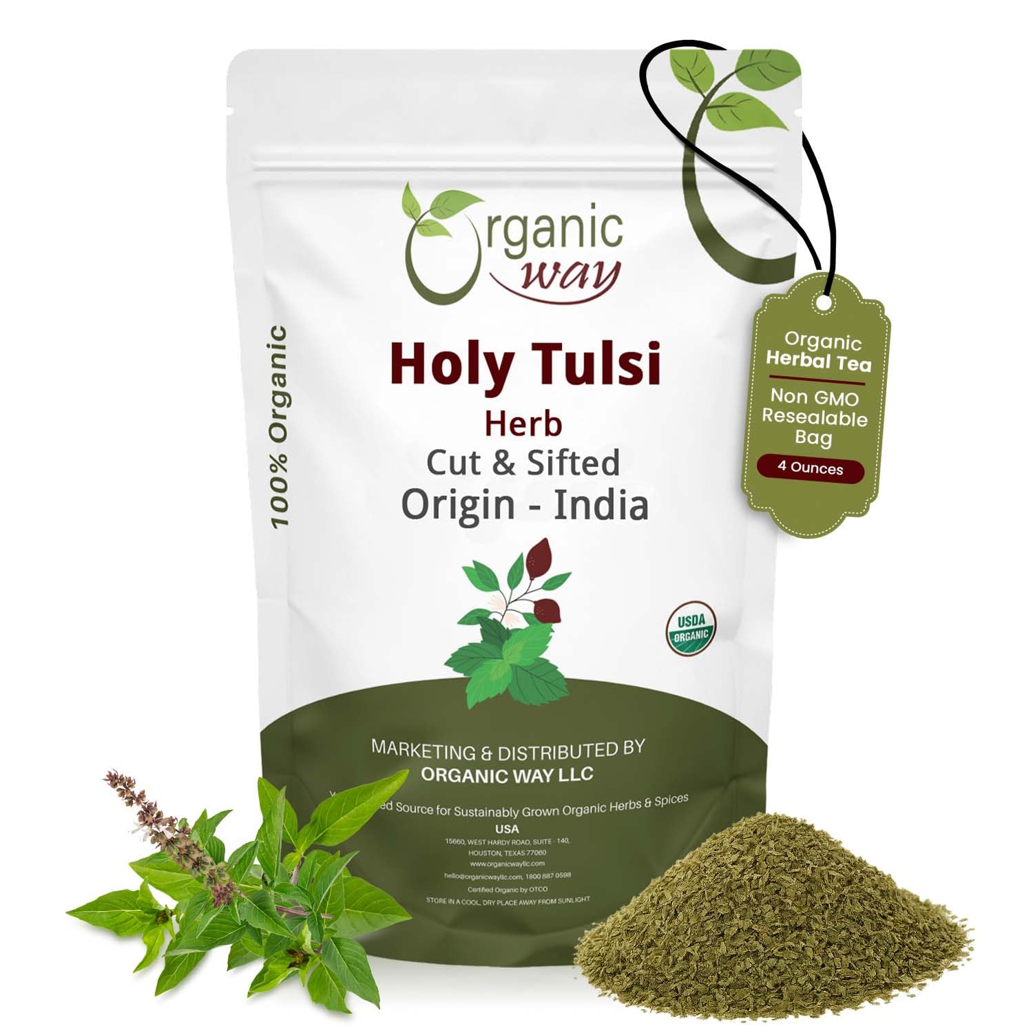Organic Way Holy Tulsi/Holy Basil Herb Cut & Sifted (Ocimum Tenuiflorum) - Organic & Kosher Certified | Raw, Vegan, Non GMO & Gluten Free | USDA