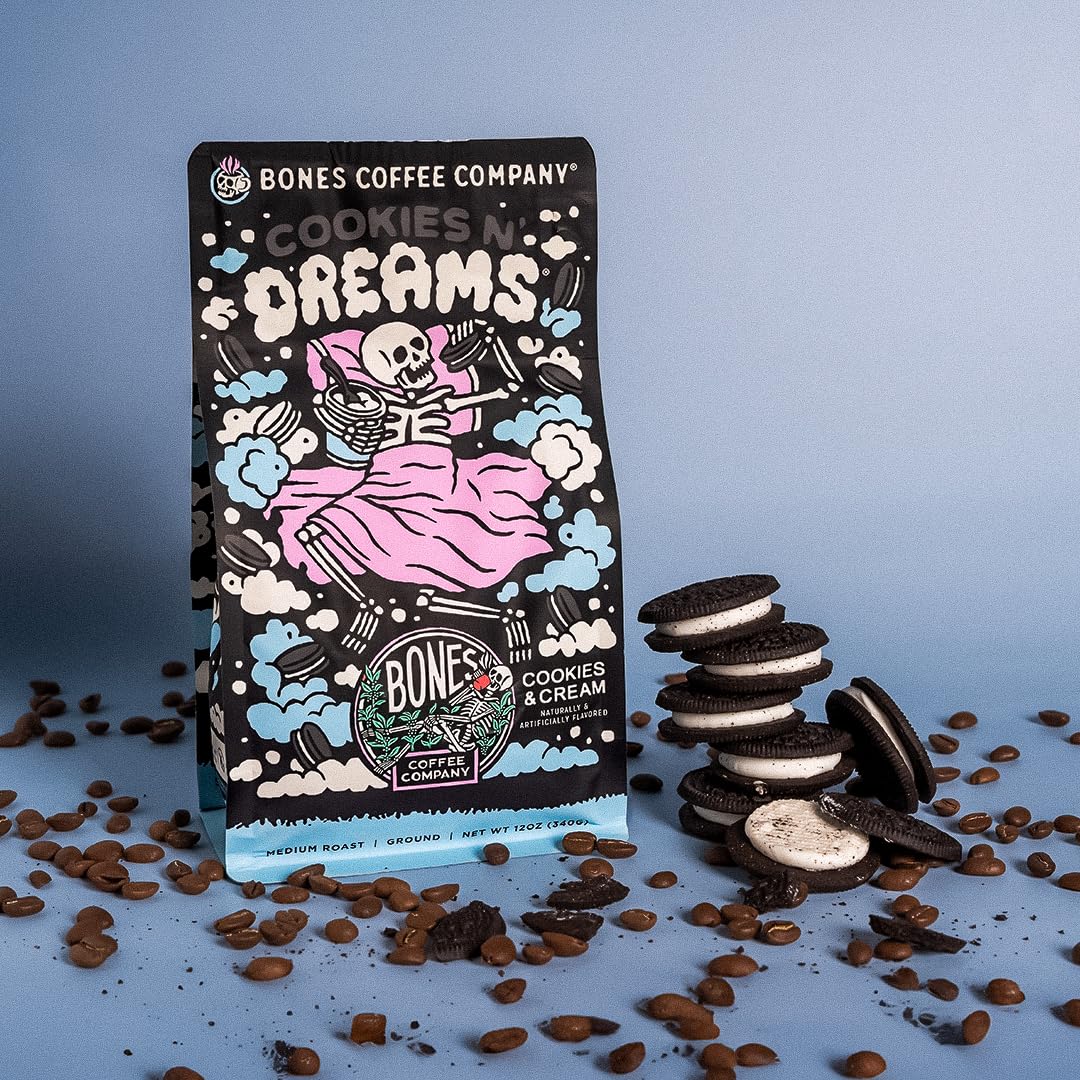 Bones Coffee Company Cookies 'N Dreams Cookies and Cream Flavored Coffee, Medium Roast Low Acid Arabica Beans Compatible with Auto drip and French