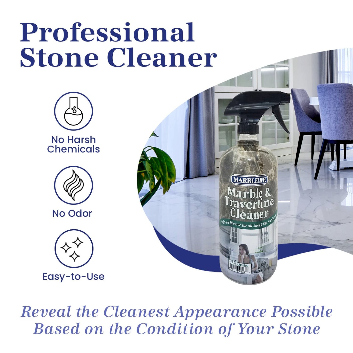 Marblelife InterCare Marble and Travertine, Natural Stone & Terrazzo Liquid Cleaner, Shower & Tile Surface Care, Floor, Walls & Countertop Cleaner