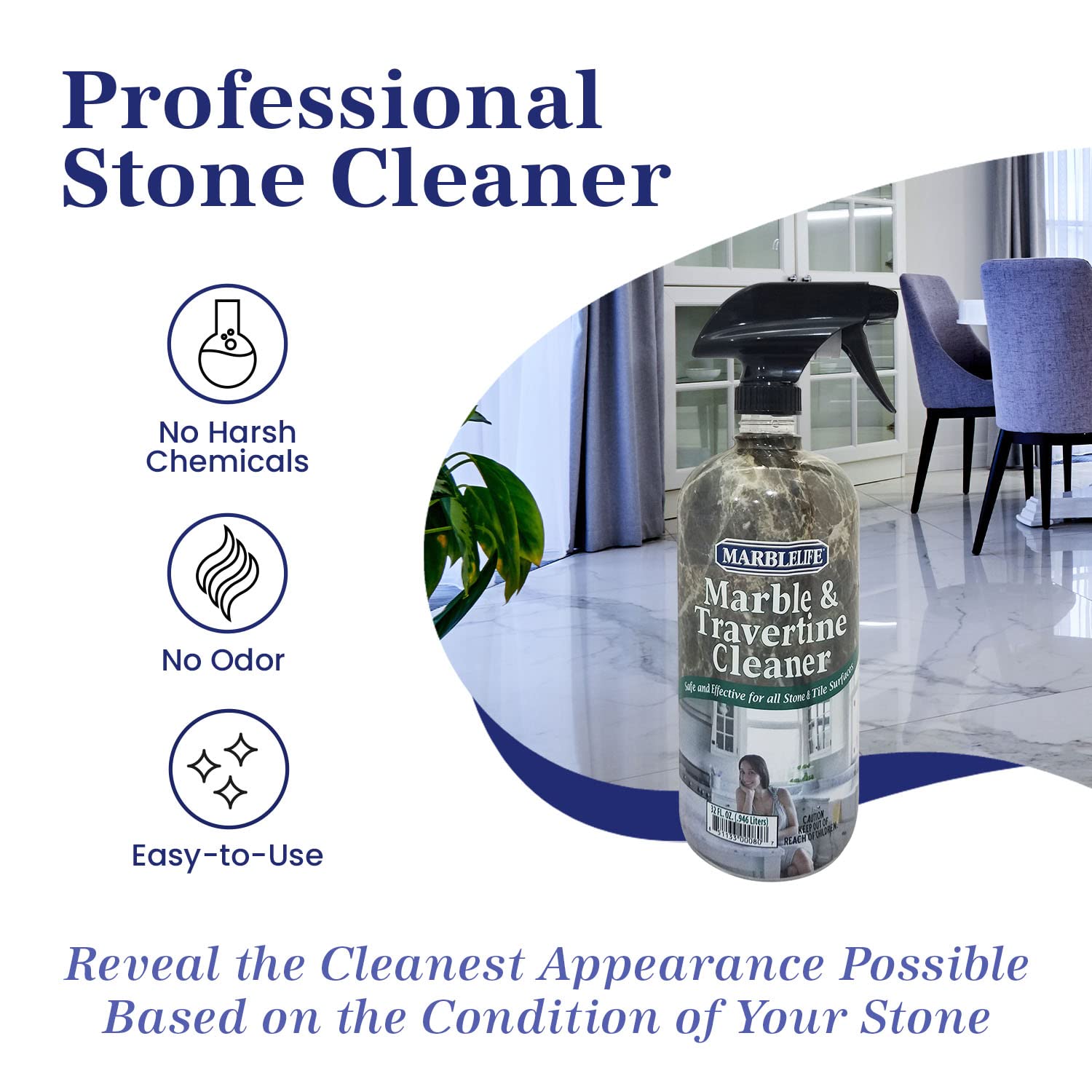 Marblelife InterCare Marble and Travertine, Natural Stone & Terrazzo Liquid Cleaner, Shower & Tile Surface Care, Floor, Walls & Countertop Cleaner