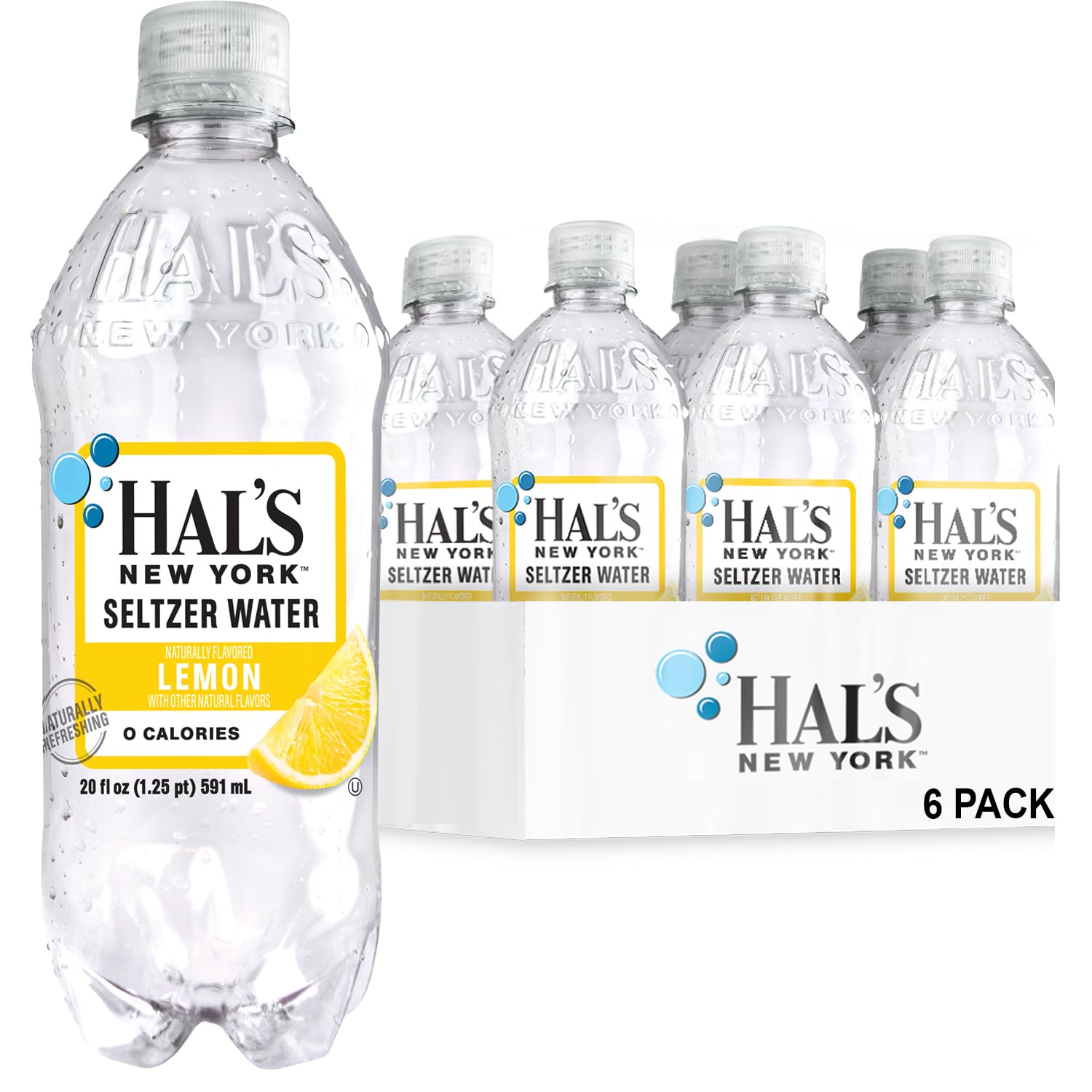 Hal's New York Seltzer Water, Lemon Sparkling Water, 20 Fl Oz Bottle (Pack of 6)