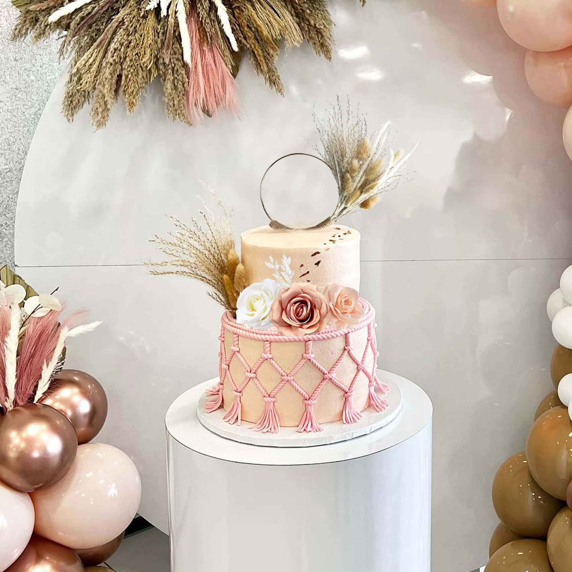 Boho Cake Decorations Flower Cake Toppers Pampas Grass Cake Topper for Wedding Bridal Baby Shower Birthday Party Supplies (Apricot Pink White)