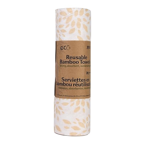 Reusable Bamboo Paper Towel Roll, 25 Feet, 20 Sheets, Machine Washable, White with Beige Leaf Pattern