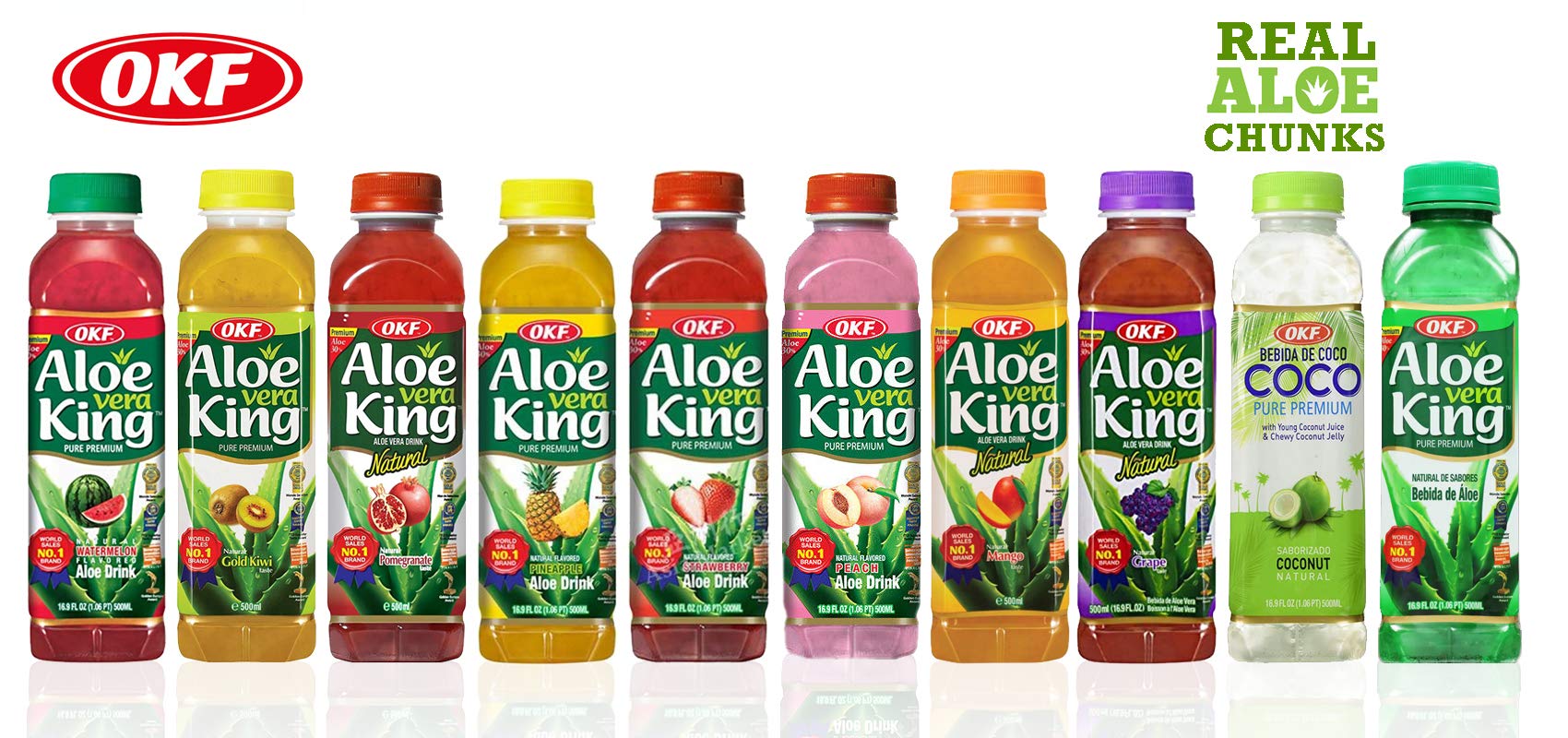 OKF Aloe Vera King Drink, Flavors includes Coco, Original, Grape, Mango, Pineapple, Watermelon, Pomegranate, Gold Kiwi, Peach, and Strawberry (10