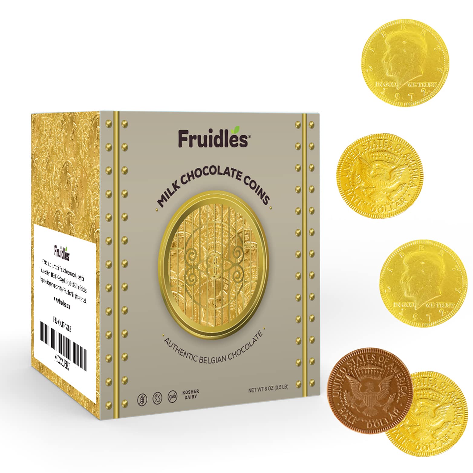 Fruidles Milk Chocolate Gold Coins - Nut Free - Made with Premium Belgian Chocolate Vault Box Approximate 40 Coins Half Dollar Design