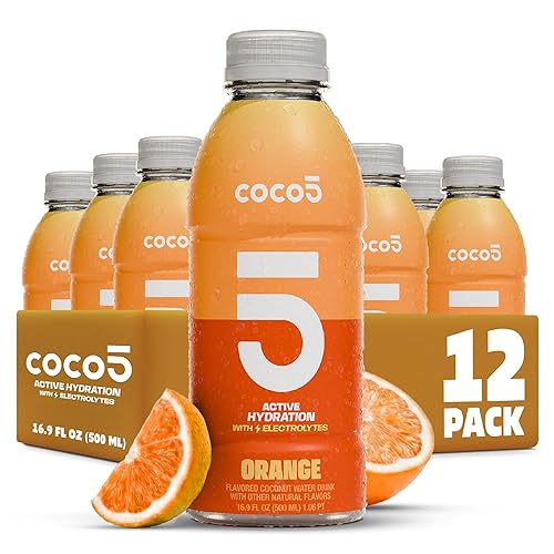 COCO5 Orange Coconut Water (12 Pack) - Natural Electrolyte Sports Hydration, 50% Less Sugar, Bold Orange Flavor, Non-GMO, Gluten Free - 16.9 fl oz