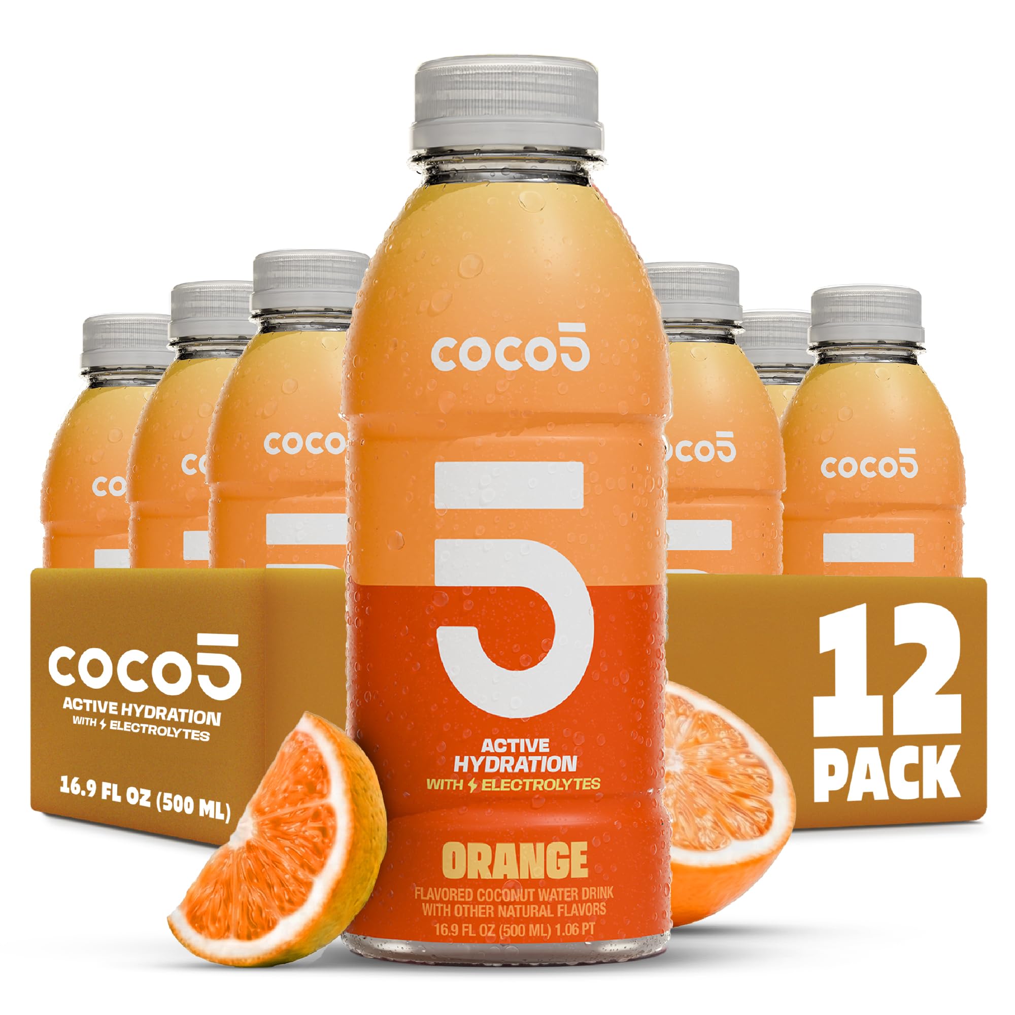COCO5 Orange Coconut Water (12 Pack) - Natural Electrolyte Sports Hydration, 50% Less Sugar, Bold Orange Flavor, Non-GMO, Gluten Free - 16.9 fl oz