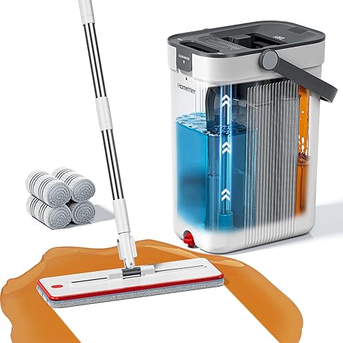 HoMettler Mop and Bucket Set, 3-Tank Flat Mop and Bucket System for Separate Dirty & Clean Water, 65" Mops for Floor Cleaning with 4 Washable Pads