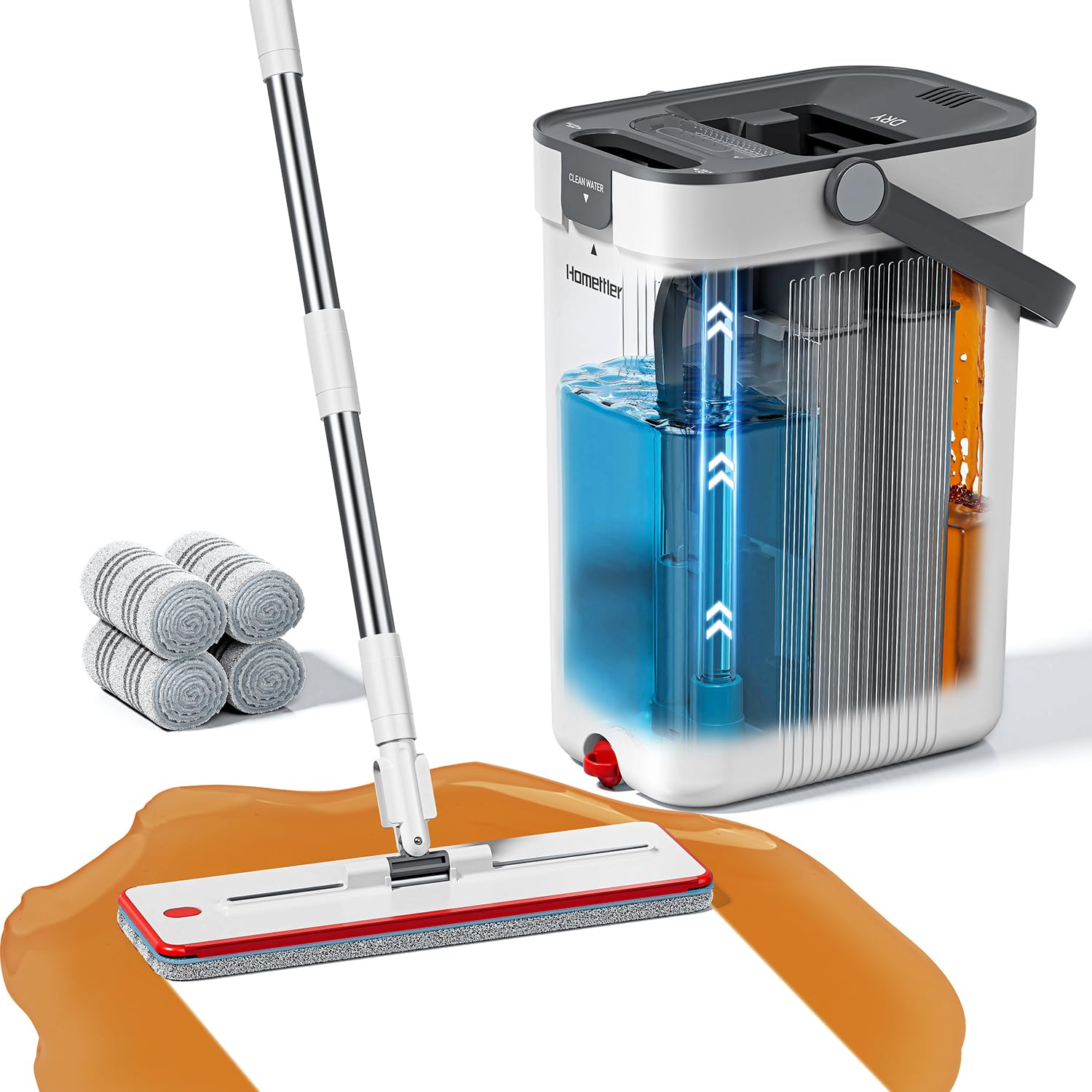 HoMettler Mop and Bucket Set, 3-Tank Flat Mop and Bucket System for Separate Dirty & Clean Water, 65" Mops for Floor Cleaning with 4 Washable Pads