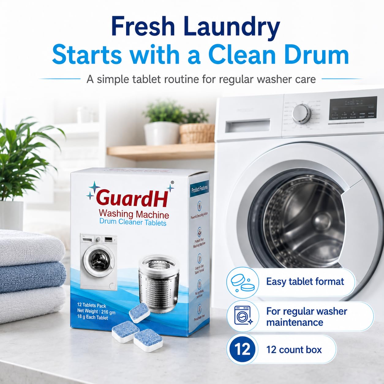 GuardH Washing Machine Drum Cleaner Tablets 12 Count 216g Deep Cleaning and Descaling Tablets for HE and Standard Washers Removes Residue Odor