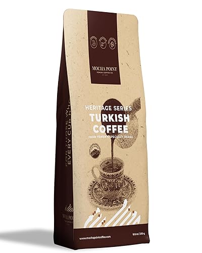 Mocha Point Turkish Coffee with Cardamom ground - 100% Yemeni Arabica Turkish Coffee Beans - Traditional Middle Eastern Blend - Rich & Smooth Ground