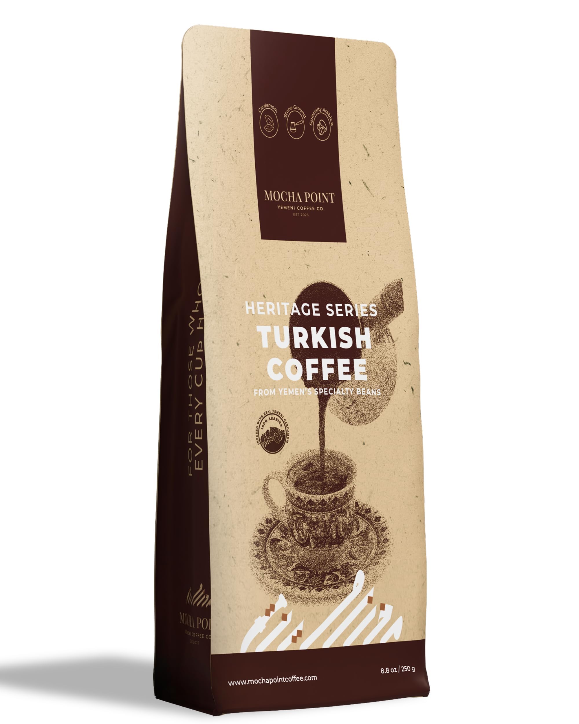 Mocha Point Turkish Coffee with Cardamom ground - 100% Yemeni Arabica Turkish Coffee Beans - Traditional Middle Eastern Blend - Rich & Smooth Ground