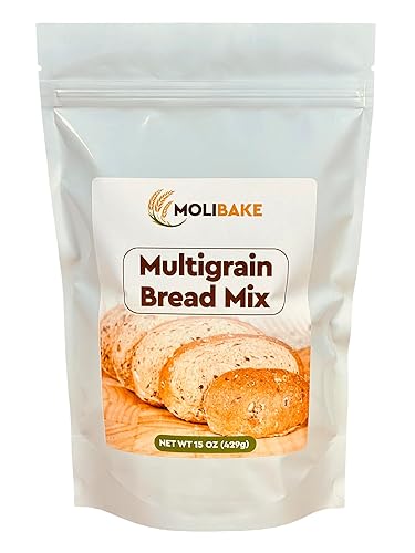 Molibake Multigrain Bread Mix - Premium All-Natural Baking Mix for Bread Machine and Oven - 15 oz - Gourmet Blend with Sunflower Seeds, Brown Flax, Pumpkin Seeds, Oat Flakes, Rye, Barley Malt, Wheat Bran - Easy-to-Use Bread Maker Mix for Homemade Baking