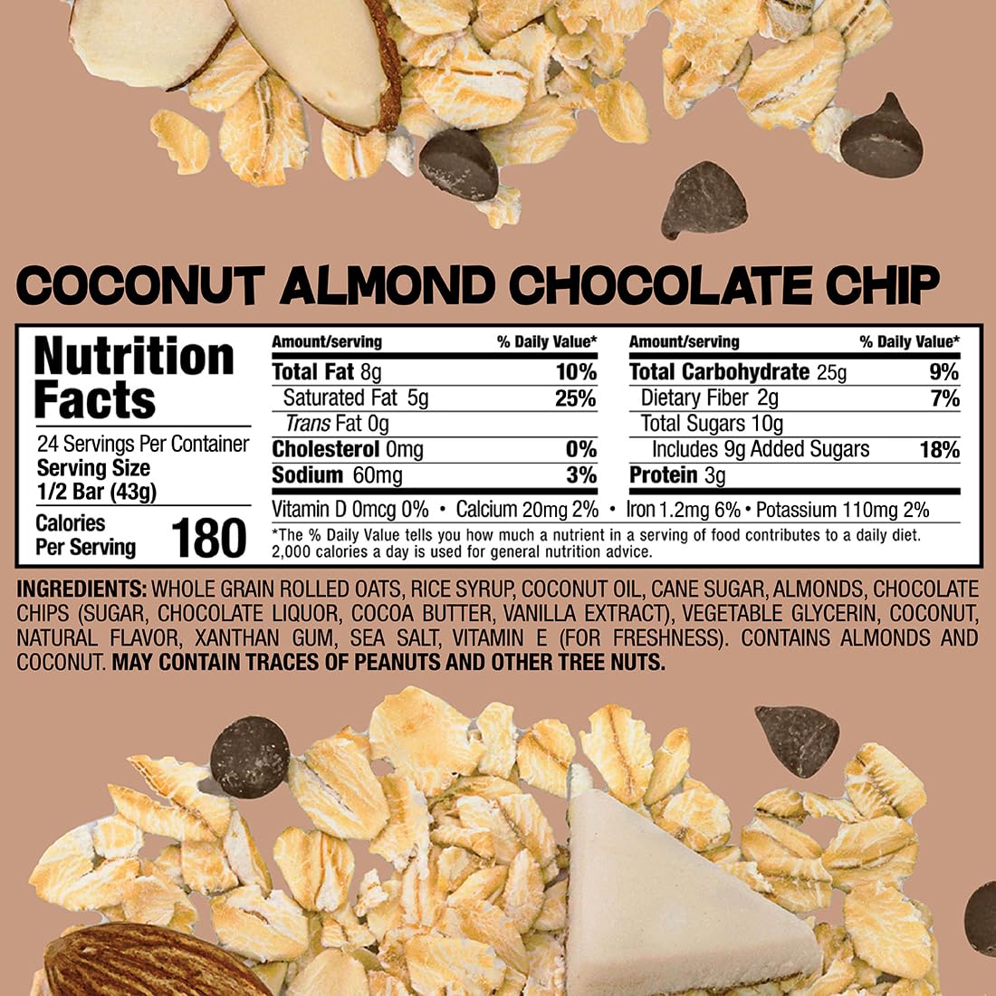 Bobo's Coconut Almond Chocolate Chip Oat Bars, Simple Ingredients, Whole Grain Oats, Plant Based, Gluten Free Breakfast Bars, Non-GMO, Healthy Snacks
