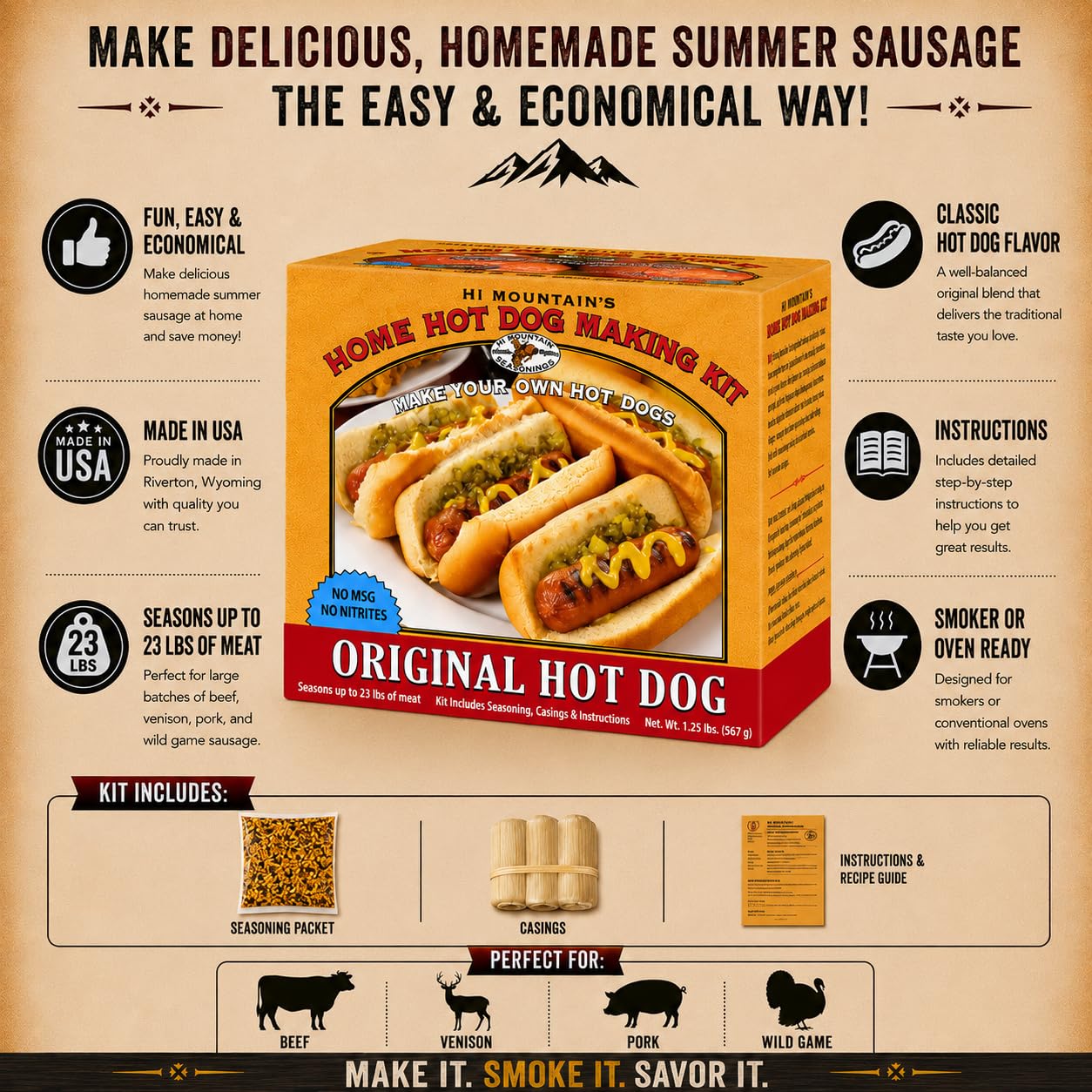 Hi Mountain Seasonings ? ORIGINAL HOT DOG Making Kit ? Includes Seasoning, Collagen Casings, and Simple-to-Follow Directions ? Creates 23 lbs