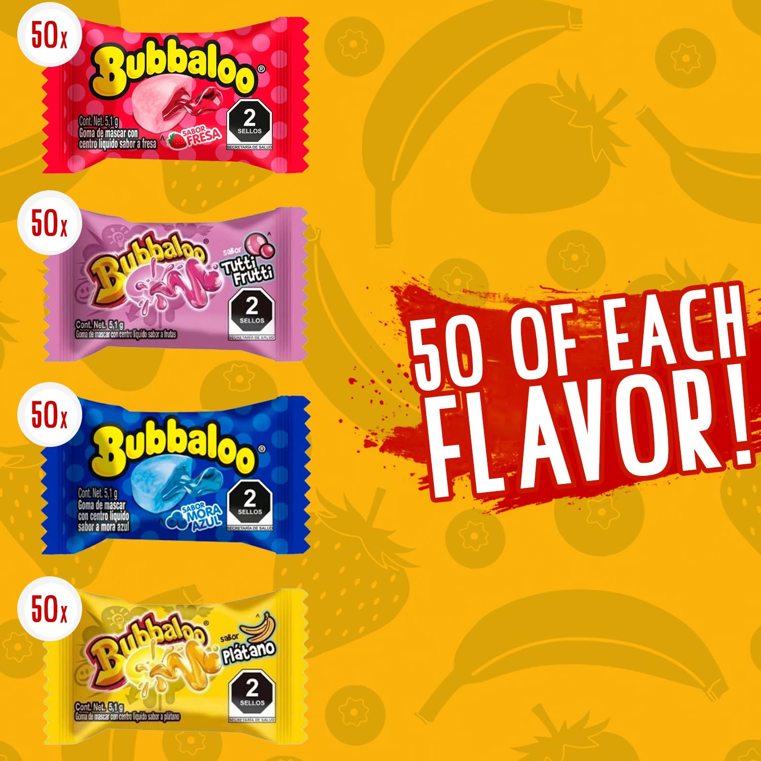 Bubbaloo Bubble Gum Mexican Chewing Gum Assortment | 200 Count Variety Bulk Pack | Strawberry, Banana, Tutti Frutti & Blueberry Juicy Center Bubble