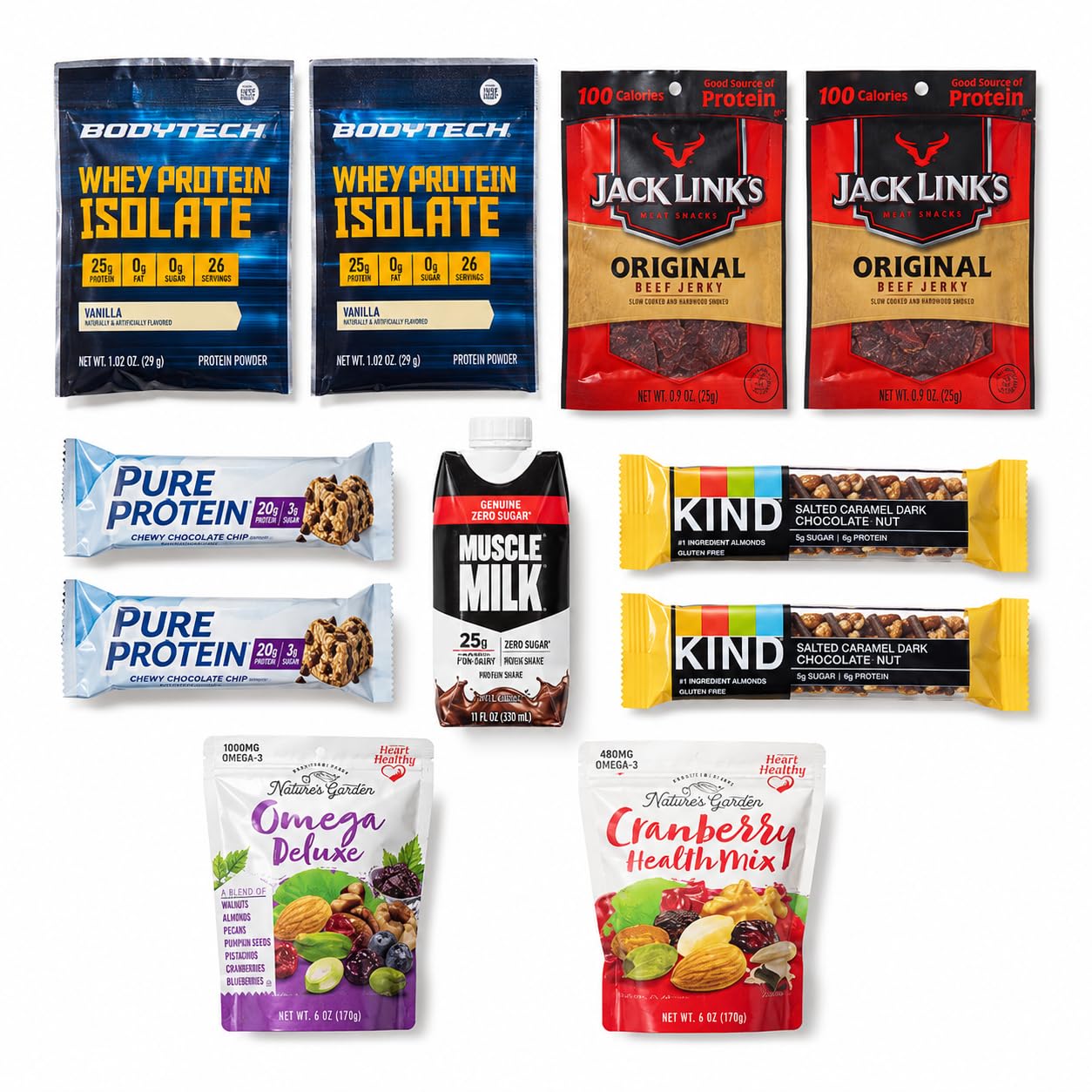 BroBox High Protein Snack Gift Box - Variety Pack with 2 Jack Link’s Beef Jerky, 2 Pure Protein Bars, 2 KIND Fruit & Nut Bars, 2 BE KIND Bars, 2 Whey