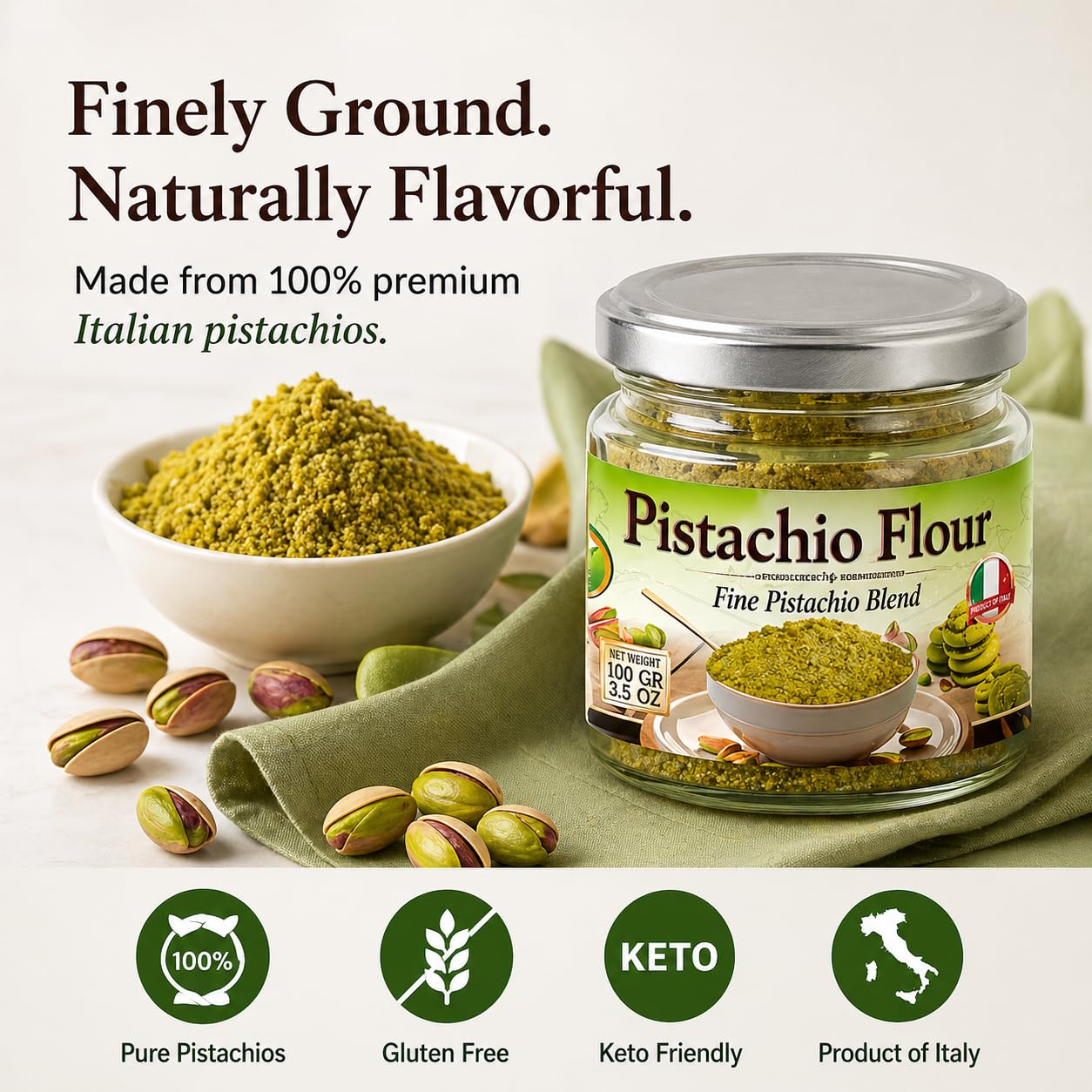 Sanniti Pistachio Flour, 3.5 oz - Fine Pistachio Blend for Baking & Cooking - 100% Pure Pistachios - Product of Italy