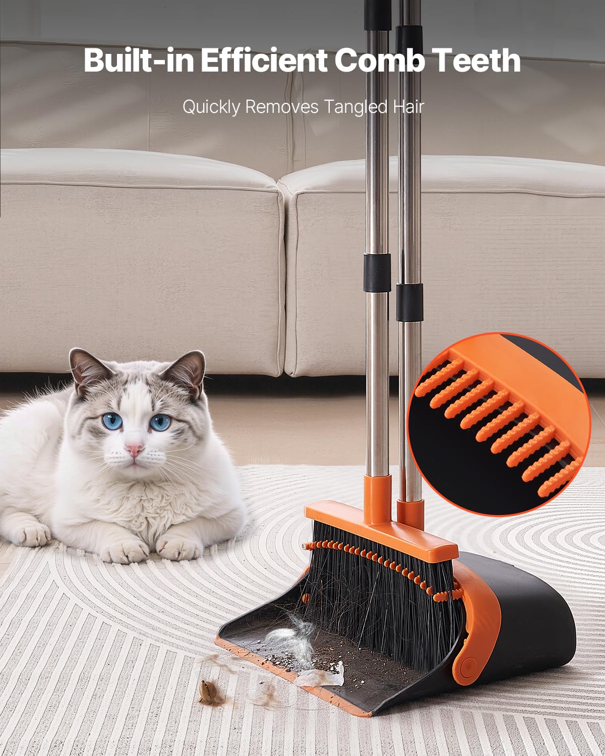 VEVOR Broom and Dustpan Set, Heavy Duty Dustpan and Broom Combo with Self-Cleaning Teeth, Metal Upright Standing Dust Pan with Long Handle, Ideal