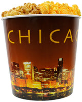 Signature Popcorn - 1-Gallon Gold Chicago Skyline Reusable Bucket Tin, Half Caramel and Half Cheddar Gourmet Popcorn, Gluten-Free Snack, Holiday