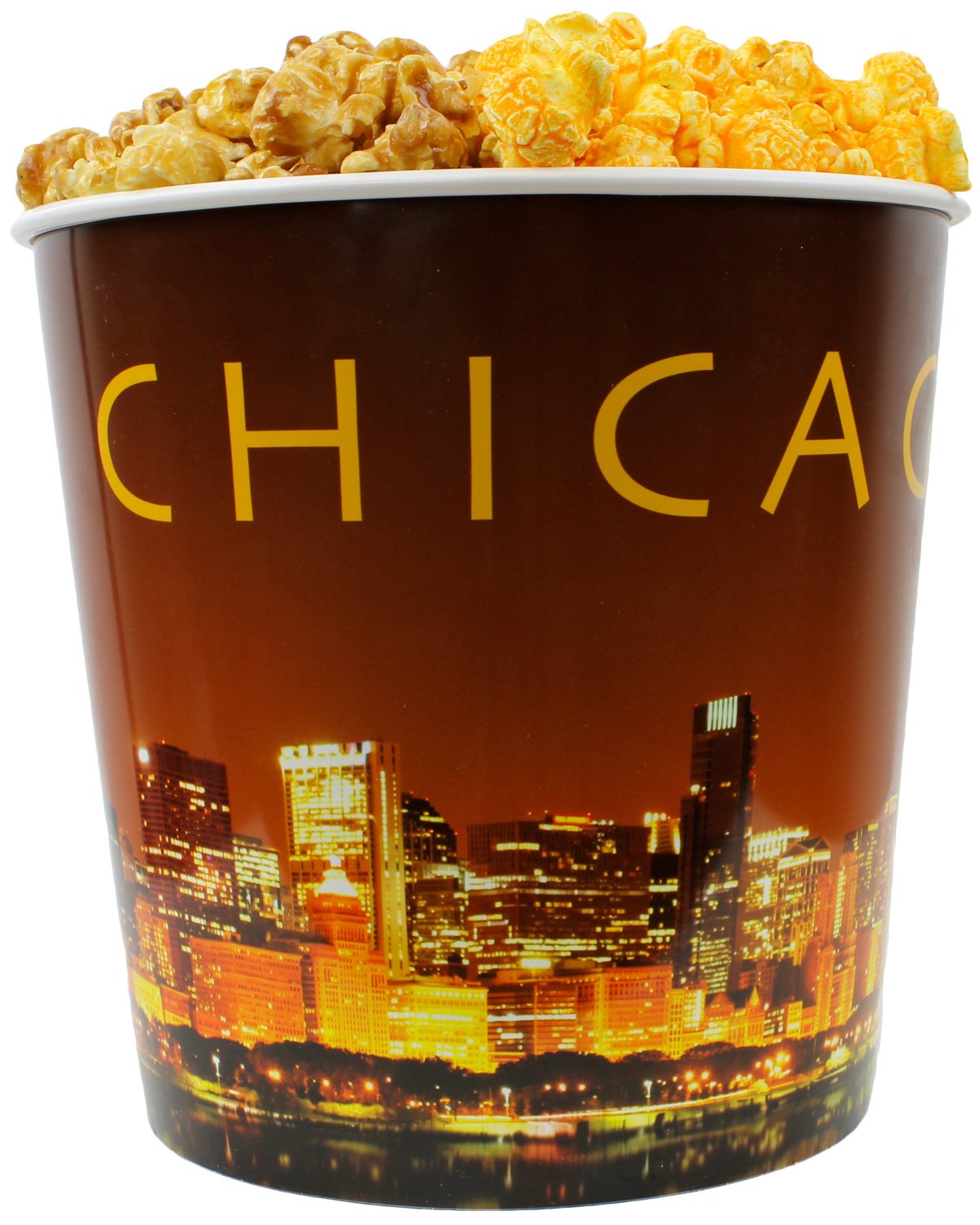 Signature Popcorn - 1-Gallon Gold Chicago Skyline Reusable Bucket Tin, Half Caramel and Half Cheddar Gourmet Popcorn, Gluten-Free Snack, Holiday