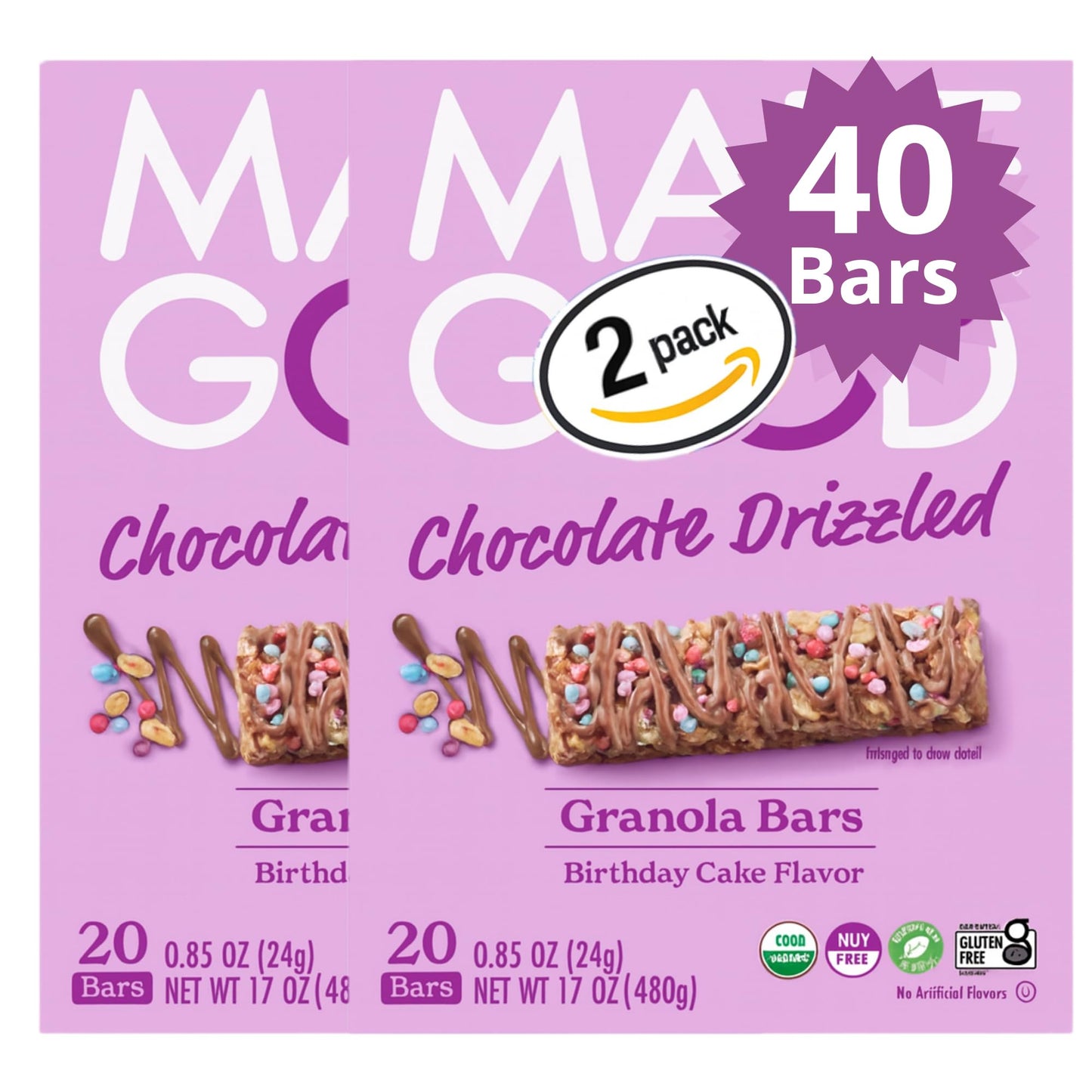 Made_Goods Birthday Cake Drizzled Bars 20 Count (2 Pack)| Chocolate Drizzled, Birthday Cake Flavor | Gluten Free | Nut Free | Organic Snacks, 0.85 oz