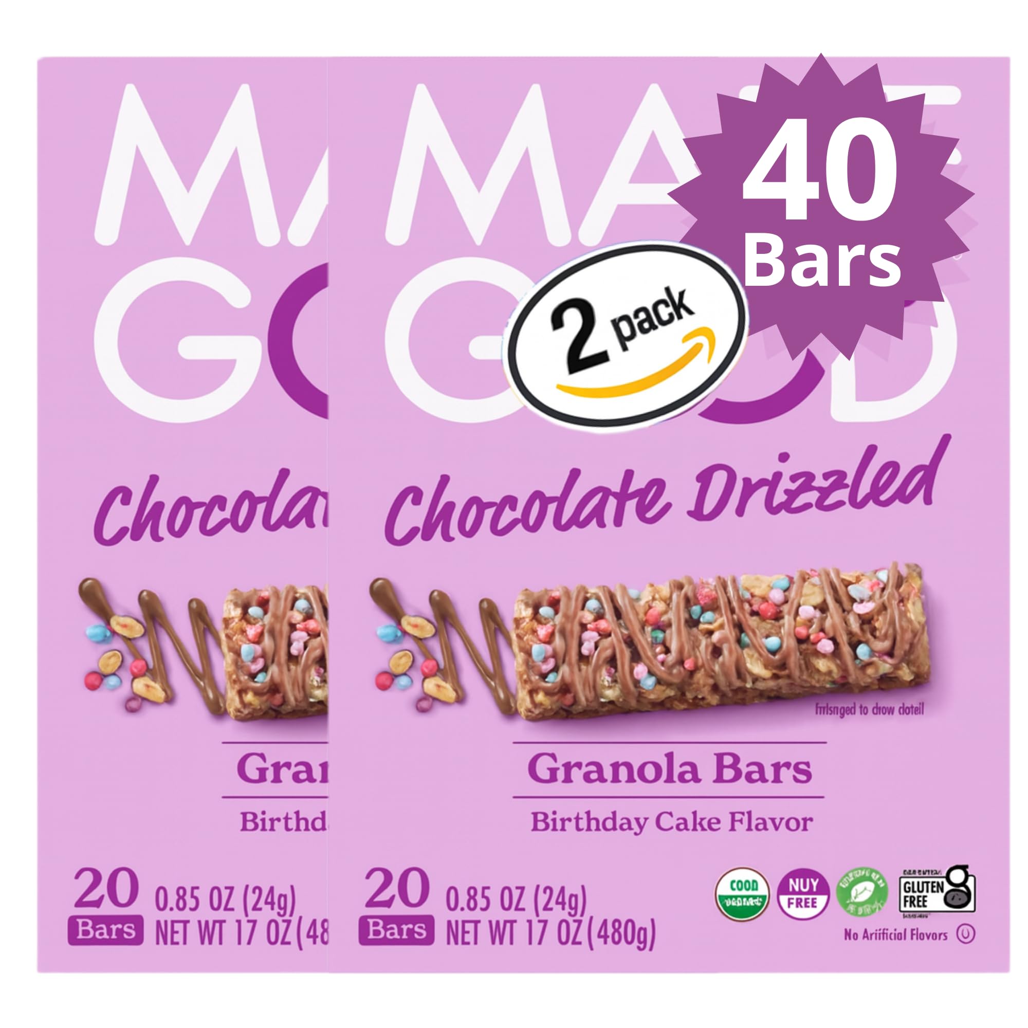Made_Goods Birthday Cake Drizzled Bars 20 Count (2 Pack)| Chocolate Drizzled, Birthday Cake Flavor | Gluten Free | Nut Free | Organic Snacks, 0.85 oz