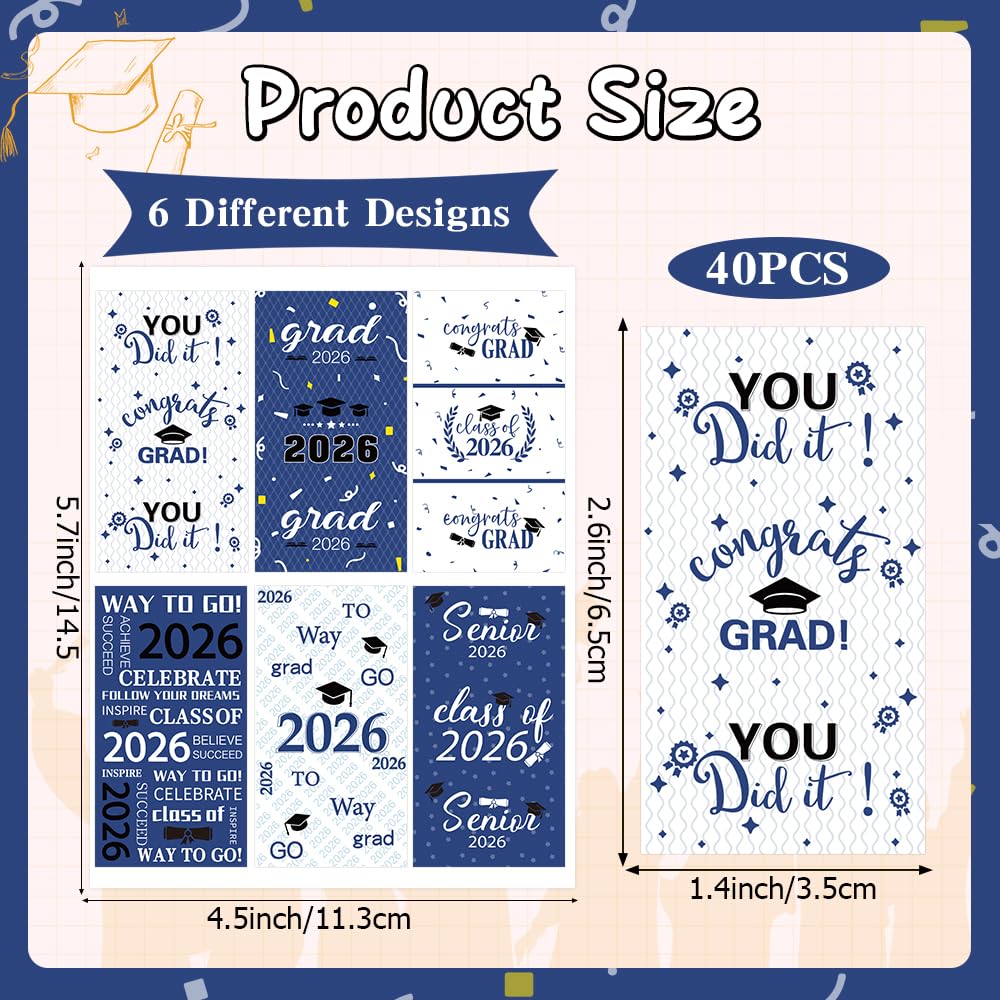 Graduation Party Decoration 2025 Graduation Label Stickers, 240 PCS Congrats Grad Mini Blue White Candy Wrapper Class Of 2025 Chocolate Bar Stickers